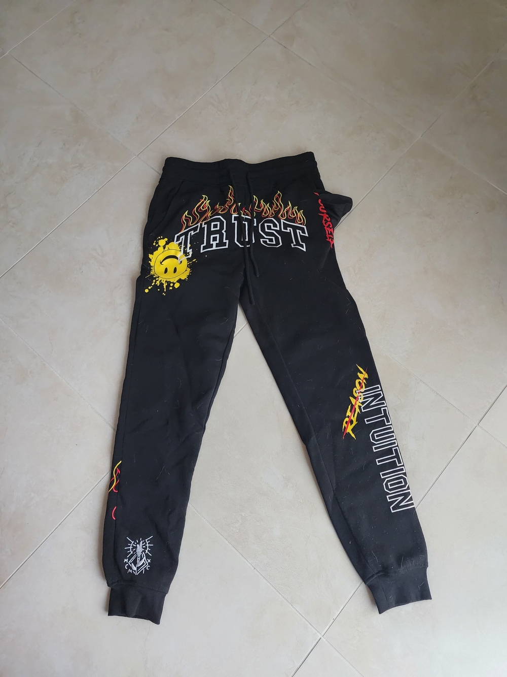 Rue21 Black Sweatpants with 'Trust' & 'Intuition' Flame Graphics